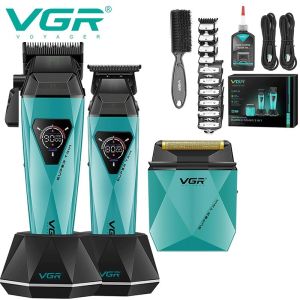 VGR 877S3 Professional Hair Cutting Kit with LED Display & Charging Base Cordless Barber Clippers Turbo High-Speed 9000RPM Motor All-in-One Grooming Set