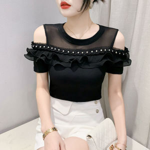 Yimei mùa hè tay ngắn cổ tròn hở vai gợi cảm hàng đầu cho phụ nữ 2023 đơn giản và đa năng mới Áo phông trắng cotton cá nhân và xinh đẹp của phụ nữ Quảng Châu T-Shirt