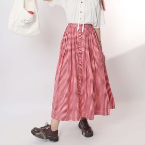 Impéris Fashion | Chân Váy Caro Đỏ Nút Linen Freesize