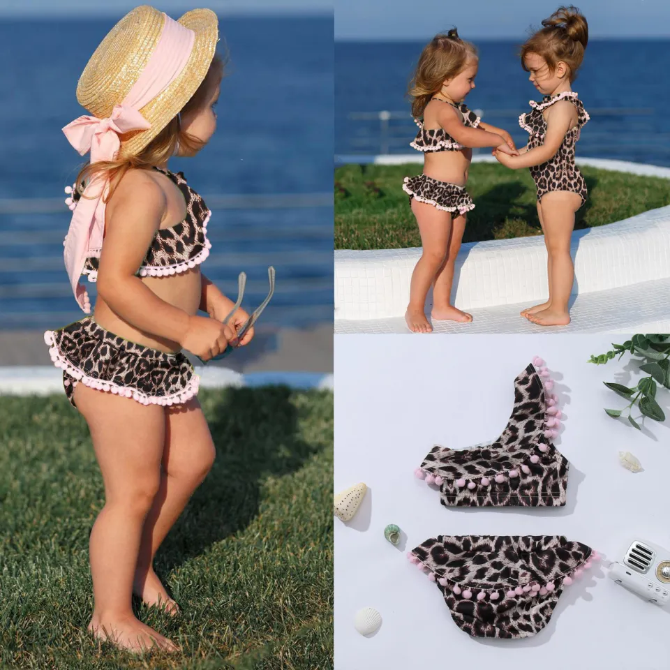 Two Leopard Print Shoulder Toddler Kids Bikini Suit Baby Bathing