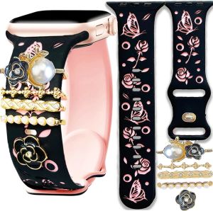 Floral Pink Silicone Engraved Band with Charms Compatible Watch Women 38mm 40mm 41mm 42mm 44mm 45mm 46mm 49mmJullstar Butterfly Summer Flower Strap Grey Starlight for iphone Watch Series Ultra 11 10 9 8 7 6 5 4 SE 3 2 1