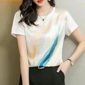Ice Silk Blouse For Women Sale Korean Style Casual Printed Short-Sleeve T-shirt