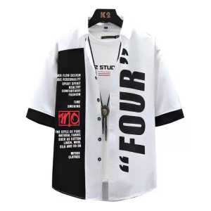 KIYOO- KEMEJA PRIA LENGAN PENDEK CASUAL MOTIF FOUR TERBARU