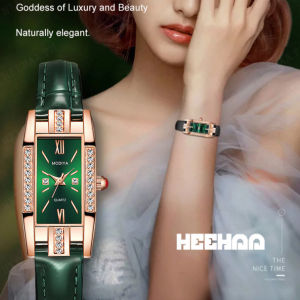 Women's Elegant Square Watch in Genuine Leather with Diamonds