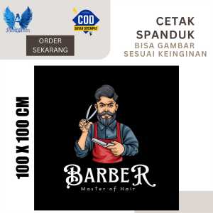 Cetak Spanduk Cetak Banner MASTER BARBER CUKUR RAMBUT Ukuran 100x100 Costom desain