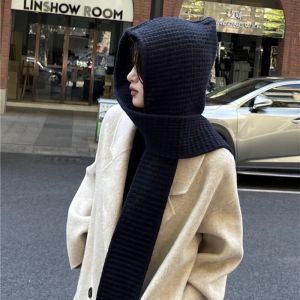 MKEB ถักนิตติ้ง หมวกบีนนี่ถัก อบอุ่นและอบอุ่น หนาขึ้น หมวกคลุมศีรษะ ทนทานต่อการใช้งาน ผ้าพันคอหน้าคอ สำหรับผู้หญิง