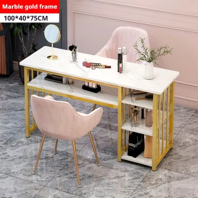 120cm Marble Nail Table with Storage Drawer&Shelves Gold Frame Manicure Desk para sa Salon & Home Use