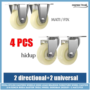 Roda NYLON Caster SET HIDUP - MATI 4PCS Medium Duty +Bearing Roda Kastor Troli Wheel Gerobak Trolley Lori 3" 4" 5" Inch