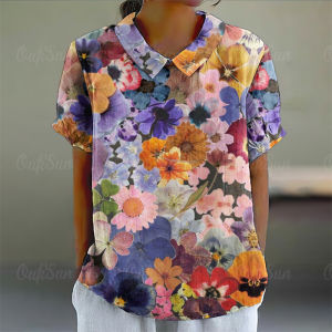 Cotton And Linen Shirts Floral Shirts Hawaiian Shirts Short-Sleeved Lapel Womens T-Shirts Summer Simple Casual Womens Clothing