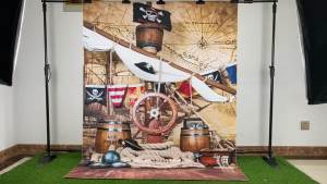 Ready stock sa local warehouseFabric Pirate Backdrop Pirates Ship Deck Steering Wheel Skull Flag Background Pirate Theme Party Decorations Kids Boy Birthday Baby Shower Photo Props