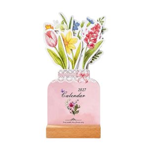 SXXINGI Wooden Base 2027 Desk Calendar Paper Monthly Wooden Stand Calendar Floral Artwork Home Office Calendar Home Office Decorative