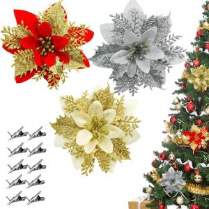 UMBRAULI 10Pcs Hoa Poinsettia Lấp Lánh Hoa giả cho cây Giáng sinh với Clip Mô phỏng Trang trí hoa Giáng sinh Thực tế Chất lượng cao Đồ trang trí cây Giáng sinh lấp lánh Trang trí nhà cửa