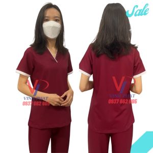 Bộ Scrubs Nữ Cổ V Cao Cấp Đỏ Đô - Đồng Phục Spa Y Tế Quần Áo Phòng Mổ Đẹp
