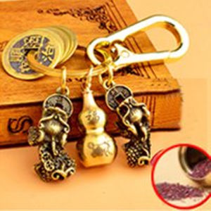 Five Emperor Money Pendant Zodiac Gourd Double Pixi Keychain Cinnabar Hollow Brass
