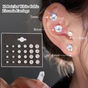 12 Pair/lot White Cubic Zirconia Earrings Men Women Stainless Steel Round Zircon Stud Earrings