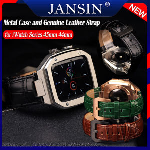 Luxury Metal Case For Apple Watch Series 9 8 7 45mm Genuine Leather Strap Mod Modification Kit Cover For iWatch Band SE2 6 5 4 44mm