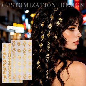 JON09 Golden Color Water Transfer Printing Hair Stickers Waterproof Disposable Metal Style Tattoo Stickers Leaves Hair Art Hair Tattoo Sticker Neck Shoulder Arm