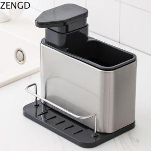 ZENGD เหล็กไร้สนิม ที่วางฟองน้ำ แบบ3-in-1 มัลติฟังก์ชั่ ถาดจัดอ่างล้างจาน ทนทานต่อการใช้งาน แห้งไว-แห้งไว เครื่องจ่ายสบู่ เครื่องใช้ในครัว