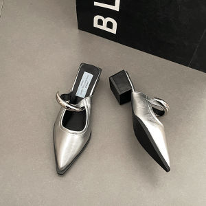 Summer Women Cover Toe Mules Slippers Fashion Metal Decoration Thick Heel Slide Shoes Comfort Street Style Footwear2026