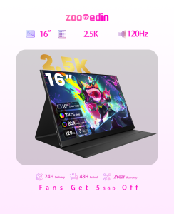 【Local Warehouse】ZOOMEDIN 16 Inch 2K QHD 1600P 120Hz Ultra-Slim Portable Monitor for Laptop100% SRGB External monitorDual Speaker Extender Display.HDMI VESA with Smart Cover for LaptopPC Phone Xbox PS4/5 Switch【Delivered Whinin 72 Hours】
