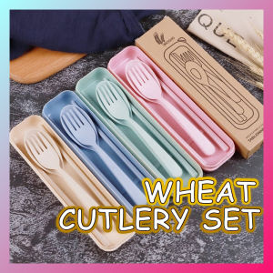 Wheat Cutlery 3 PCS Set Eco-friendly Reusable Dinner Tableware Kit Box Chopsticks Spoon Fork Portable Utensils Outdoor