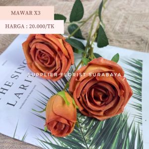 SFS - [3 KEPALA] MAWAR X3 1 TANGKAI BERCABANG 3 2 MEKAR 1 KUNCUP ARTIFICIAL FLOWER ROSE BUNGA PALSU HIAS BUNGA KAIN PLASTIK PREMIUM DAVID AUSTIN MAWAR HOLLAND KUALITAS IMPORT