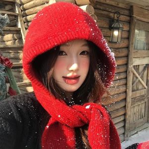 Korean Balaclava Bonnet Women Skullies Beanies Hat Scarf One-piece Thickened Warm Neck Protection Winter Accessories Knitted Cap