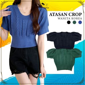 Crop Blouse Wanita Lengan Balon Bahan Rajut / Crop Short Sleeve Knit Atasan Wanita Lengan Pendek Polos / Baju Rajut Kekinian Fashion SE P371