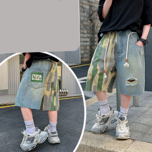Novelty Kids Summer Capris Shorts For Boys Patchwork Letter Print Denim Shorts Ripped Jeans Teenager Child Casual Mid-Calf Pants h260702