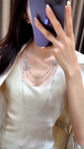 Bellux 925 Silver Multi-Layer Long Necklace Synthetic Zirconia Camellia Design Elegant White Handmade Sweater Chain