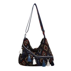 PRAYERF พู่ห้อยคอ กระเป๋าคาดอกสไตล์ชนเผ่า จุได้มาก ถุงผ้าทอ กระเป๋าโท้ทโบฮีเมียน ลำลองแบบสบายๆ รูปทรงเรขาคณิต กระเป๋าสะพายไหล่แบบมีขอบ สำหรับผู้หญิง