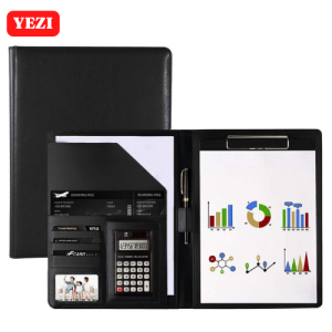 Portfolio Padfolio - Leather Folder Interview Resume Legal Document Organizer with Calculator A4 Size - Black Clipboard