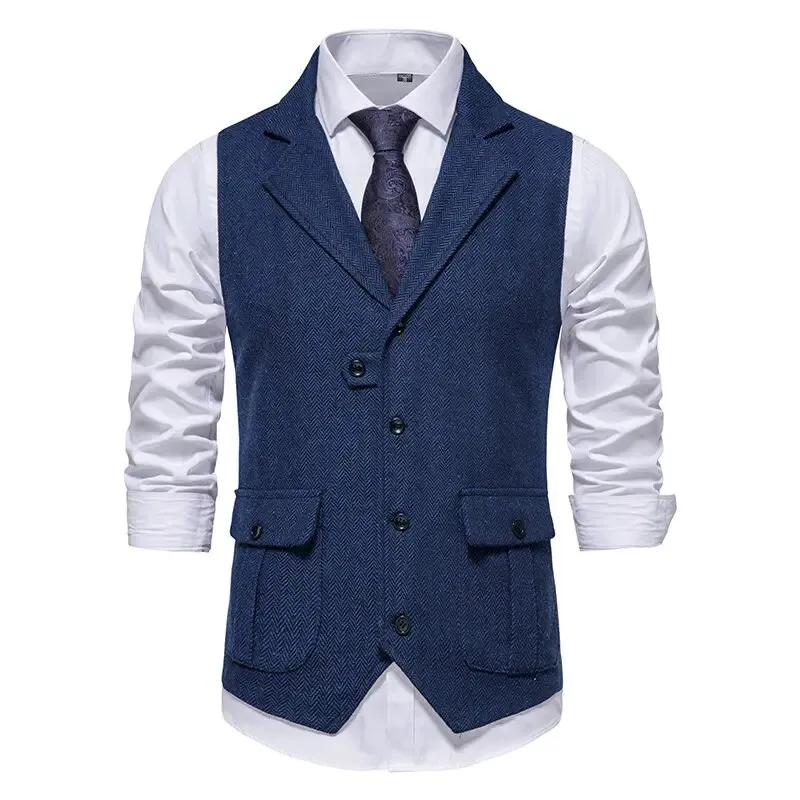 Cozy Up Men's Retro Herringbone Tweed Suit Vest Turn-down Collar