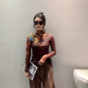 Ammin Áo Thun Tay áo dài in hình định vị thời trang vòng cổ đơn giản 2024 mùa xuân và mùa thu Áo Cánh Thanh Lịch ngoại cỡ giản dị tay phồng in hoa gạc tay phong cách Hàn Quốc cho nữ áo cánh