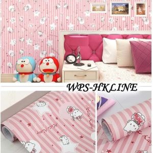 Wallpaper Sticker Dinding Tembok Kamar Anak Motif Hello Kitty Garis Salur Pink Line Stiker Lemari