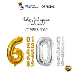 SHUAIAN Balon Foil Angka Large Ukuran 32 Inch Balon Angka Jumbo 80cm Silver Gold