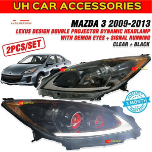 Mazda 3 2009 - 2013 Lexus Design Double Projector Dynamic Headlamp With Demon Eyes + Signal Running