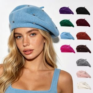GBDSVD Starry Sky Rhinestones Beret Multi color Solid Color Wool Beret Fashion Warm Beanie Cap Women