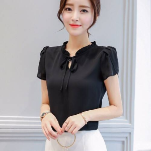 ขนาดใหญ่เสื้อชีฟองแขนสั้นผู้หญิงใหม่ฉบับภาษาเกาหลีของสีบริสุทธิ์หลวม Casual Sweet Lotus Leaf Sleeve เสื้อหญิง