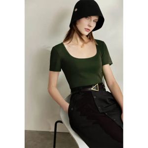 Amii Minimalism Women Tops & Tees 2026 Summer New Casual Basics Solid Square Collar Knit Short Sleeve Elastic T-shirts 124423312026
