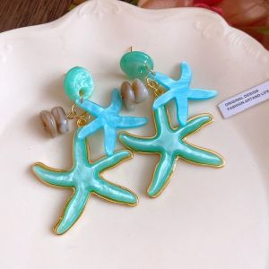 KUYES Shell Starfish Ocean Starfish Stud Earrings Temperament Candy Color Ear Pendant Trendy Resin Bohemian Dangle Earrings Summer Beach