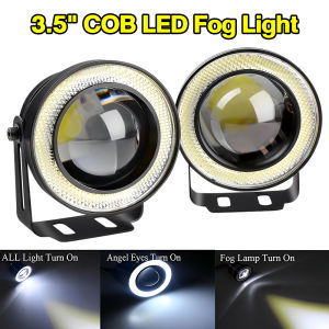 Runye Cars 2Pcs 3.5"12V Universal COB LED Fog Light Projector Car White & Blue Angel Eyes Halo Ring DRL Lamp 30W 3200LM