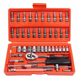 (Dikirim Dari Jakarta) 1/4 Shock Socket Set 46 In 1 Ratchet Wrench Paket Kombinasi Soket Alat Kit untukKunci Socket Wrench Pas Sok Shock Sock Set 46 Pc Spanner Socket Set 1/4 Car Repair Tool Kunci Inggris 46 Pcs