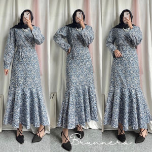 BAJU MUSLIM KATUN POLIESTER KOREAN STYLE AIMEL FISHTAIL MAXI DRESS MOTIF BUNGA FIT TO XL BAHAN POLY KATUN