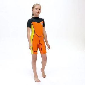[Warrior2] Childrens 2MM Neoprene Wetsuit Short-sleeved Summer Diving Suit Sunscreen Cartoon Surfwear Swimsuit For Girls Swimwear