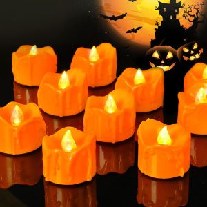 Halloween 12 Pack Orange Tea Lights Small Dripping Candles Battery Operated LED TealightsPumpkins Lights with Warm White Bulb Flameless Electric Fake Tea Candles Realistic for Halloween