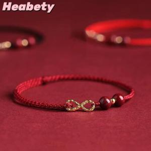 Heabety Fashion Simple Lucky Bracelets For Women Men Handmade Braided Infinity Symbol Couple Bracelets Cinnabar Bead Bracelet Gifts