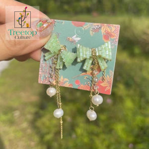 Treetop Culture Korean 925 Silver Ribbon Nature Pearl Dangle Crystal Drop Earring Gold Plated