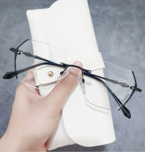 Rimless Anti Blue Light Glasses Nearsighted Anti Radiation Eyeglasses with Degree -50 to -600 Edge Black-line Decor Vintage Polygon Style Women Men