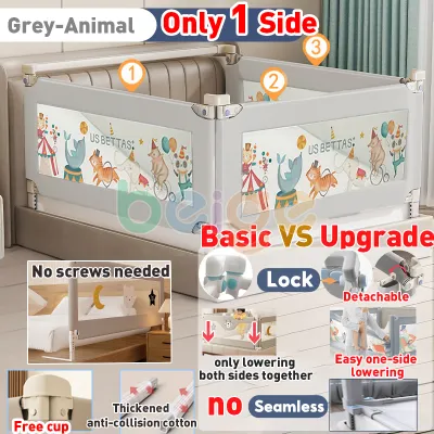 Beige Bed Fence for Baby Queen/King/Double Size Single Side Folding Adjustable for Different Mattress Thickness Upgraded Switch and Fabric Solid Safety Guard Rail Anti Fall